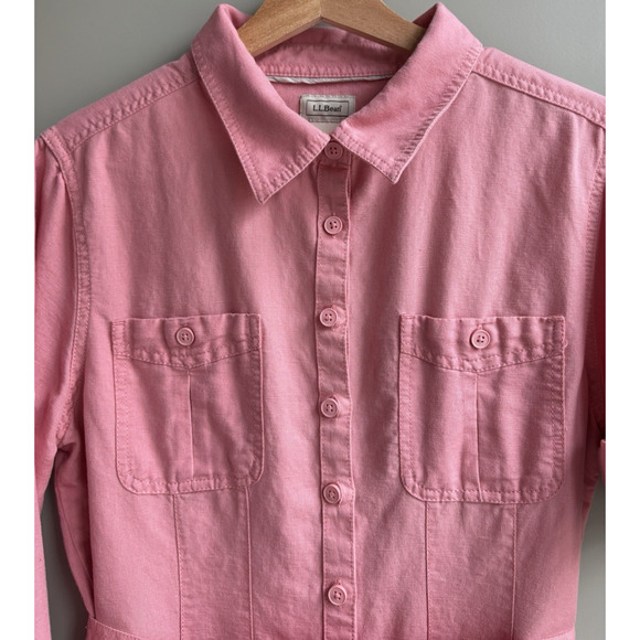 LL Bean Linen Cotton Belted Button Front Shirt Dress Pink Roll Tab Sleeves XL P - Picture 7 of 16